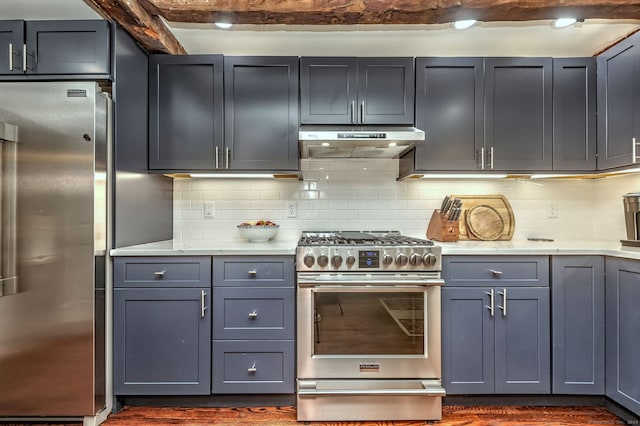 kitchen featuring backsplash, dark hardwood / wood-style floors, stainless steel appliances, beamed ceiling, and gray cabinetry