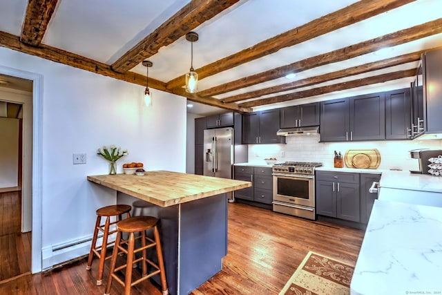 kitchen featuring beamed ceiling, wooden counters, pendant lighting, high quality appliances, and dark wood-type flooring