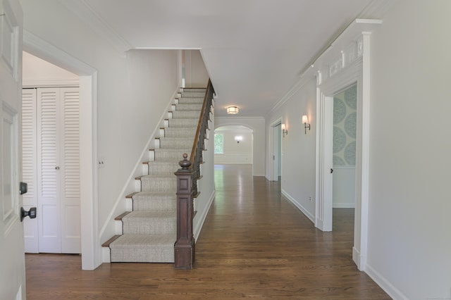 entrance foyer featuring dark hardwood / wood-style flooring and ornamental molding