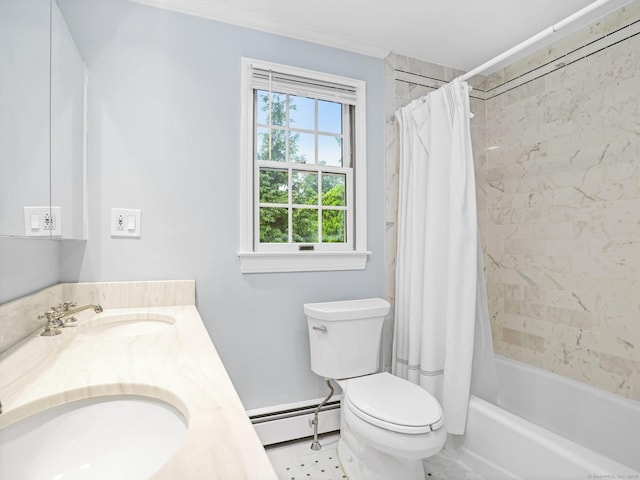 254 W Ave, Darien, CT 06820 - full bath featuring a baseboard radiator, toilet, shower / tub combo, and double vanity