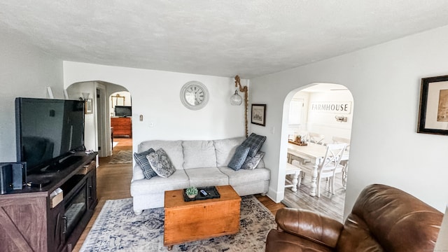 living room with a textured ceiling and wood-type flooring