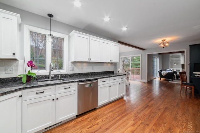 kitchen with dishwasher, white cabinets, sink, decorative backsplash, and wood-type flooring