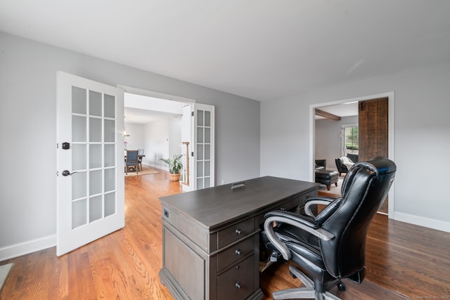 home office with french doors and light wood-type flooring