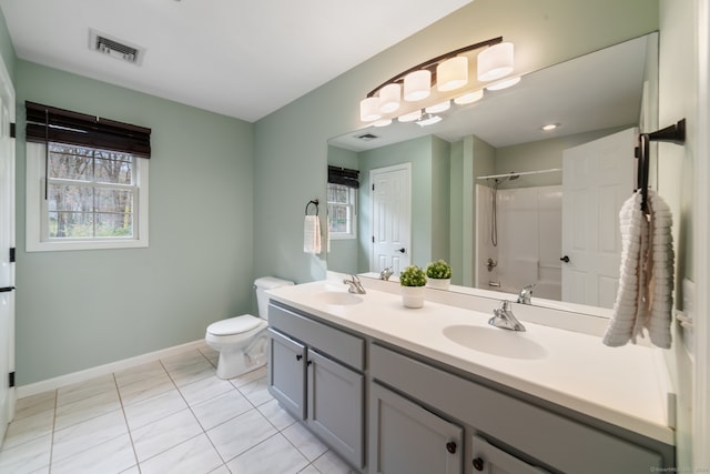 full bathroom with shower / bathing tub combination, vanity, toilet, and tile patterned floors