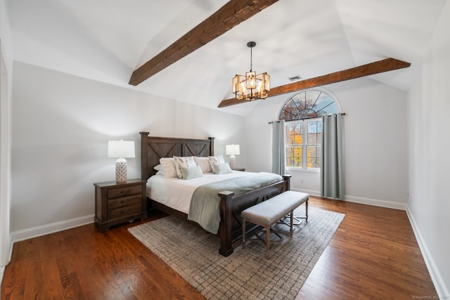 bedroom featuring dark hardwood / wood-style flooring, lofted ceiling with beams, and an inviting chandelier