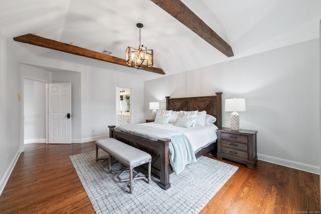 bedroom featuring a notable chandelier, lofted ceiling with beams, and dark wood-type flooring