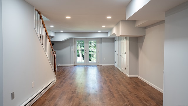 unfurnished living room with dark hardwood / wood-style flooring, french doors, and a baseboard radiator