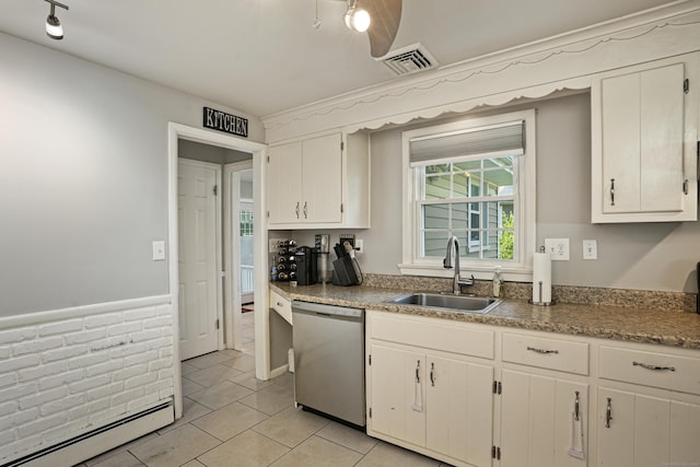 kitchen featuring light tile patterned floors, a baseboard radiator, visible vents, stainless steel dishwasher, and a sink