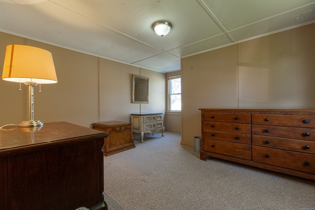 bedroom with light colored carpet