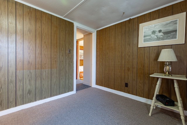 carpeted empty room featuring ornamental molding and wood walls