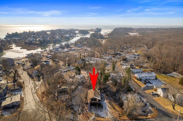 drone / aerial view featuring a water view