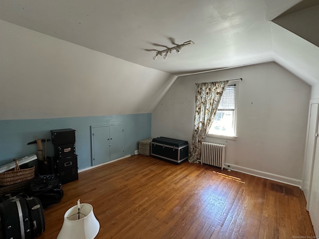 additional living space with hardwood / wood-style flooring, radiator, and vaulted ceiling