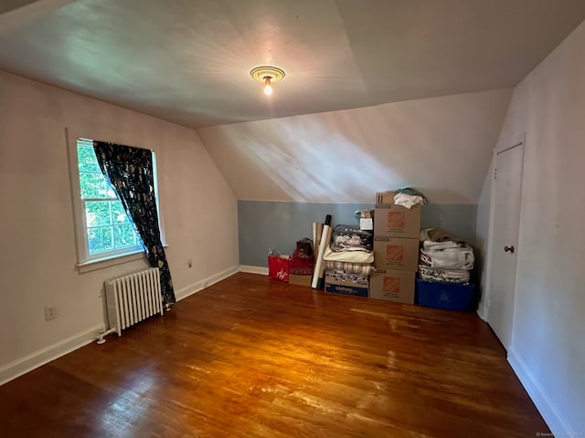 additional living space with radiator heating unit, hardwood / wood-style floors, and vaulted ceiling