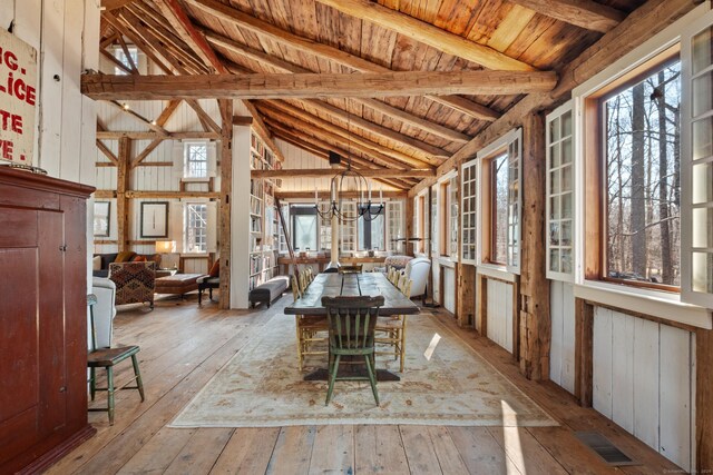 155 Joshuatown Rd, Lyme, CT 06371 - sunroom / solarium with a wood ceiling with exposed beams, hardwood / wood-style flooring, a wooden deck, high vaulted ceiling, and a chandelier