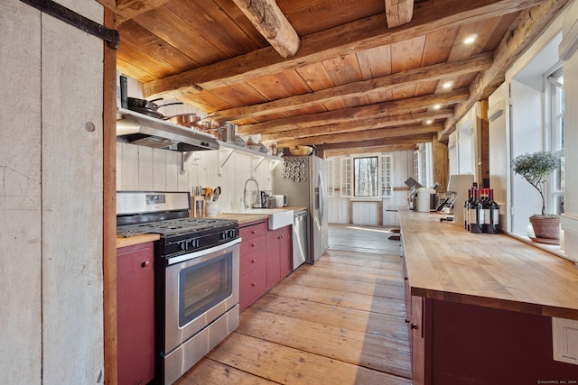 kitchen with beam ceiling, wooden counters, stainless steel appliances, and light hardwood / wood-style floors