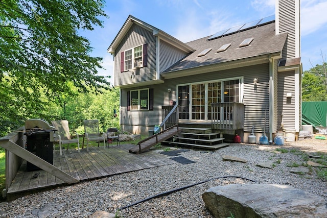 46 Nedobity Rd, Haddam, CT 06441 - rear view of house featuring a wooden deck, a chimney, and roof with shingles