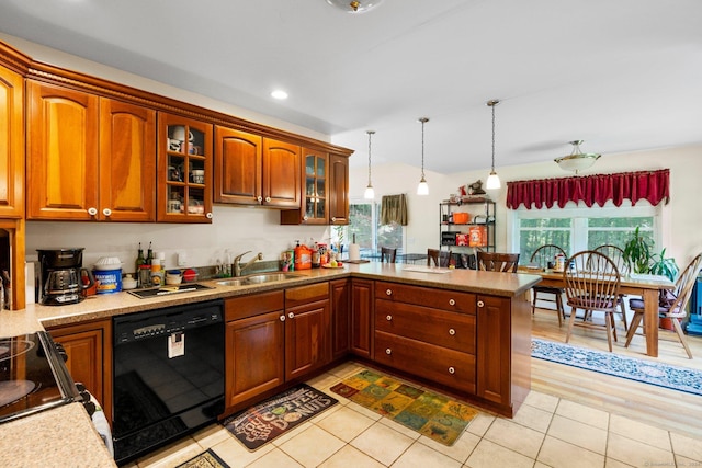 46 Nedobity Rd, Haddam, CT 06441 - kitchen featuring dishwasher, a peninsula, a sink, pendant lighting, and glass insert cabinets