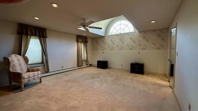 unfurnished room featuring baseboard heating, recessed lighting, baseboards, and carpet