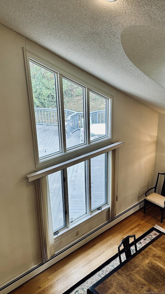 interior details featuring a baseboard radiator, a textured ceiling, and wood finished floors