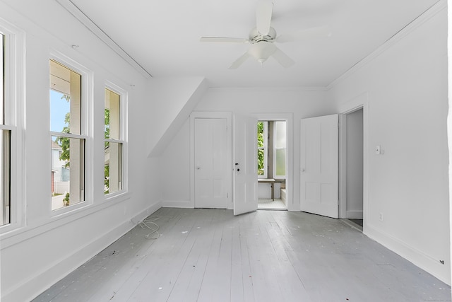 interior space featuring plenty of natural light, crown molding, light wood-type flooring, and ceiling fan