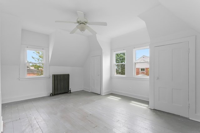 additional living space with radiator heating unit, light hardwood / wood-style flooring, a wealth of natural light, and vaulted ceiling