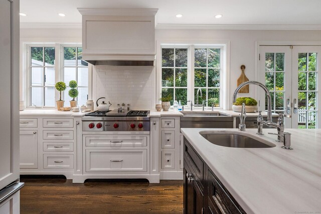 kitchen with white cabinetry, a healthy amount of sunlight, and dark wood-type flooring