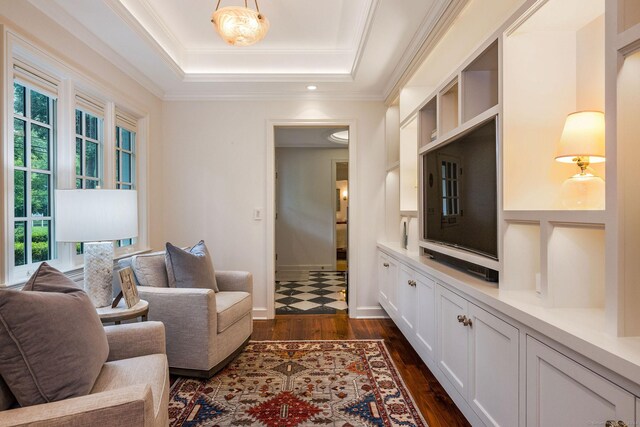 living room featuring dark wood-type flooring, a raised ceiling, and ornamental molding