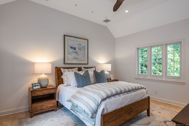 bedroom with ceiling fan and vaulted ceiling