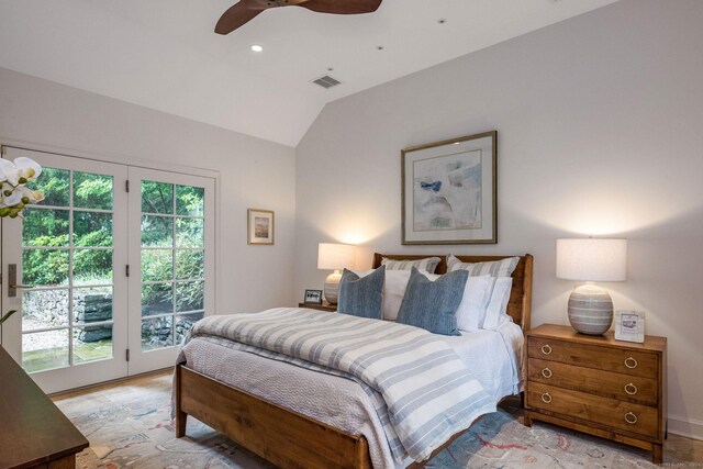 bedroom with light hardwood / wood-style flooring, vaulted ceiling, french doors, access to outside, and ceiling fan