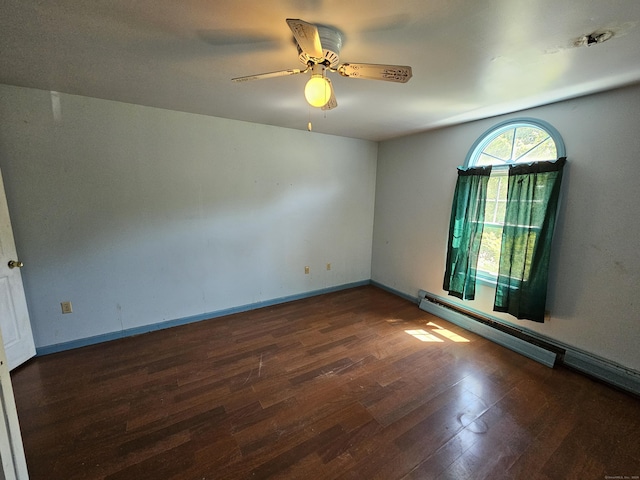 unfurnished room with ceiling fan, a baseboard heating unit, and dark hardwood / wood-style floors