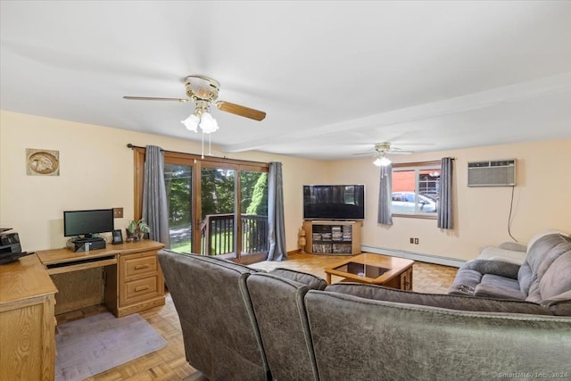 living room with plenty of natural light, a baseboard heating unit, a wall mounted AC, and light parquet floors