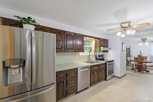 kitchen with ceiling fan, appliances with stainless steel finishes, tasteful backsplash, dark brown cabinetry, and sink