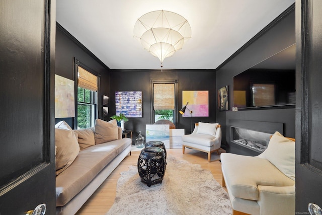 living room featuring wood finished floors and crown molding