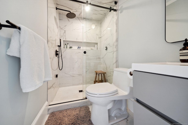 bathroom with a marble finish shower, toilet, vanity, and marble finish flooring