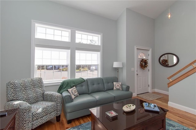 living room with wood-type flooring and a high ceiling