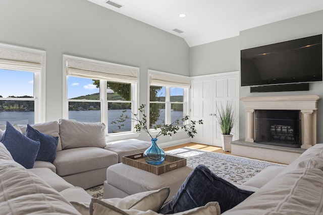 living room with hardwood / wood-style flooring, plenty of natural light, a premium fireplace, and vaulted ceiling