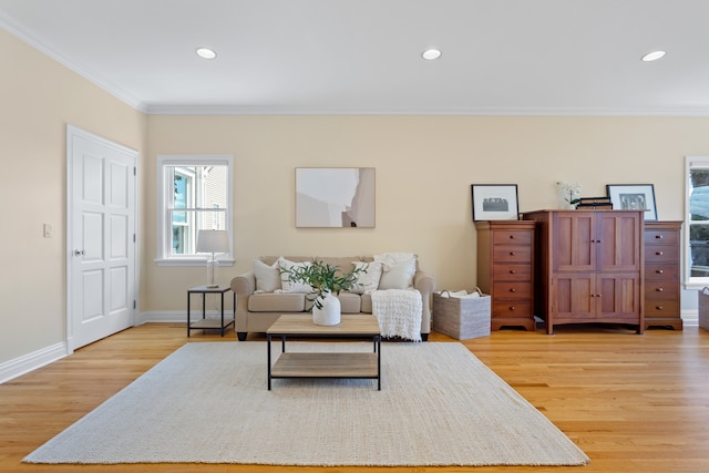 living room with crown molding and light hardwood / wood-style floors