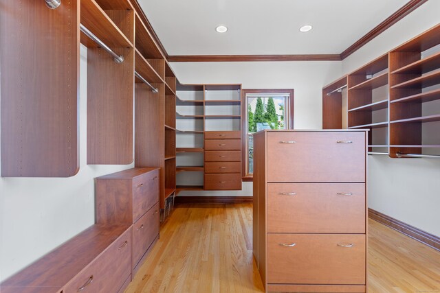 walk in closet with light hardwood / wood-style floors