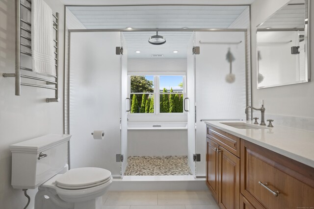 bathroom with vanity, toilet, tile patterned floors, and walk in shower