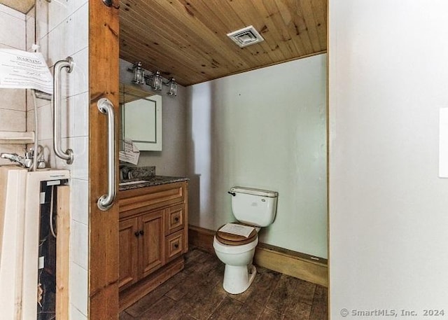 bathroom with wood-type flooring, toilet, vanity, and wood ceiling