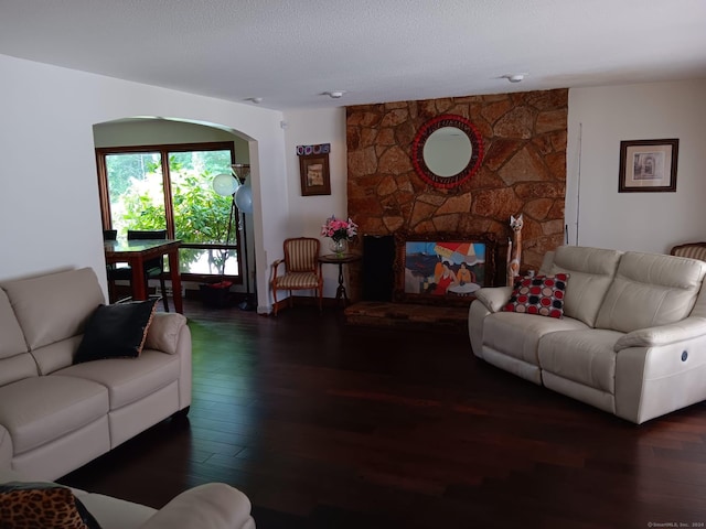 living room featuring dark wood-type flooring and a stone fireplace