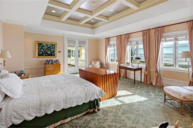 carpeted bedroom with beam ceiling, coffered ceiling, crown molding, and access to exterior