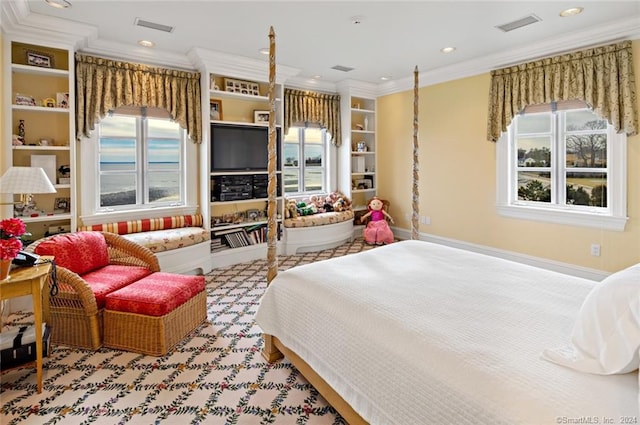 bedroom with multiple windows and ornamental molding