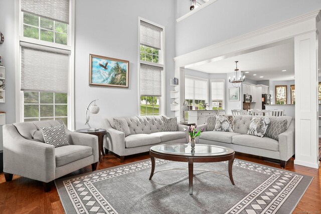 living room with an inviting chandelier, a high ceiling, and dark wood-type flooring