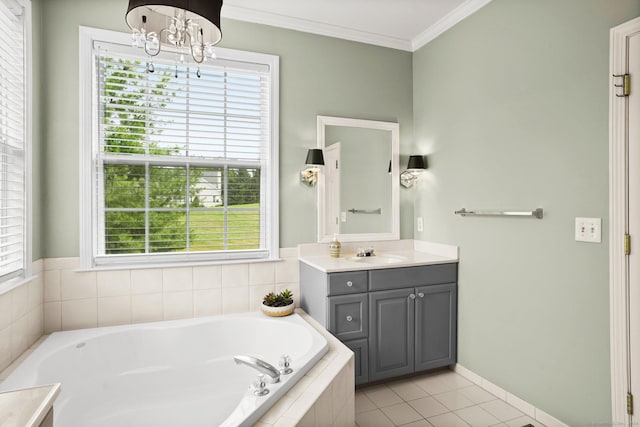 full bath with a garden tub, vanity, baseboards, tile patterned floors, and crown molding