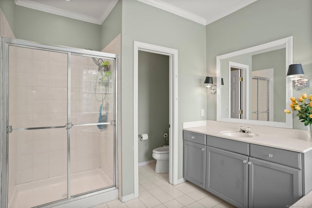 bathroom with ornamental molding, a stall shower, and toilet