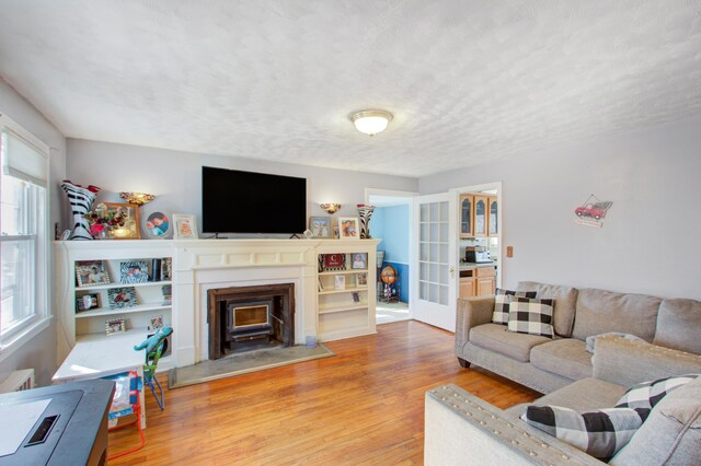 living room with french doors and light hardwood / wood-style floors