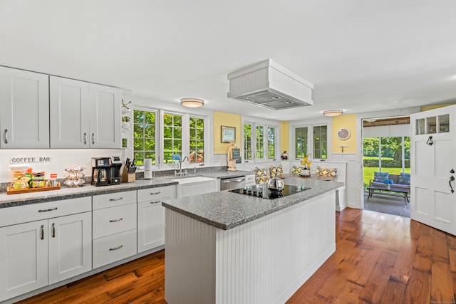 kitchen with plenty of natural light, white cabinetry, hardwood / wood-style floors, and a kitchen island