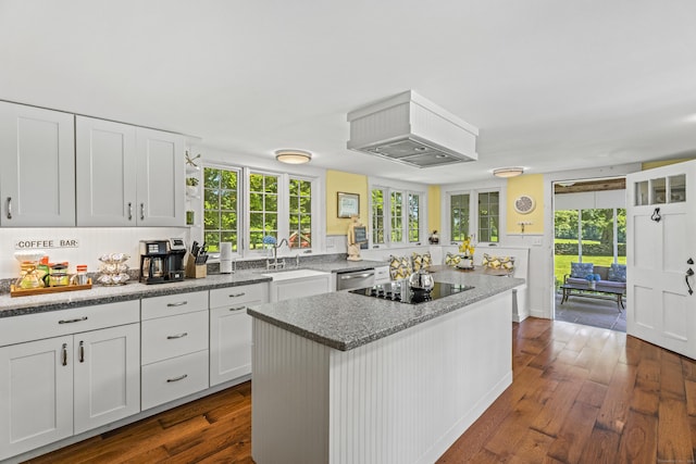 57 NW Corner Rd, Preston, CT 06365 - kitchen with a kitchen island, stainless steel dishwasher, dark wood finished floors, black electric cooktop, and premium range hood