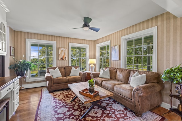 57 NW Corner Rd, Preston, CT 06365 - living room featuring ceiling fan, wallpapered walls, and wood finished floors